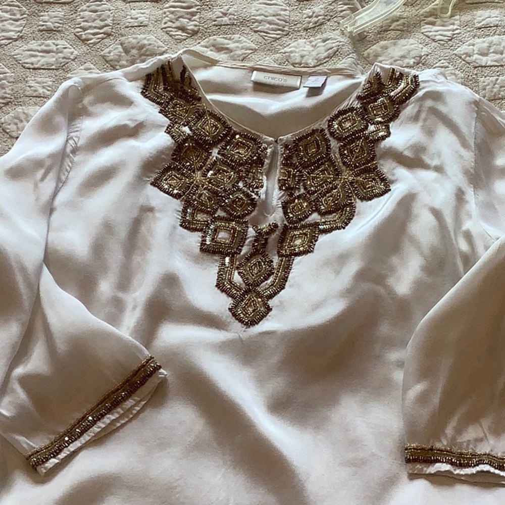 Gorgeous Chico’s white silky top with beading